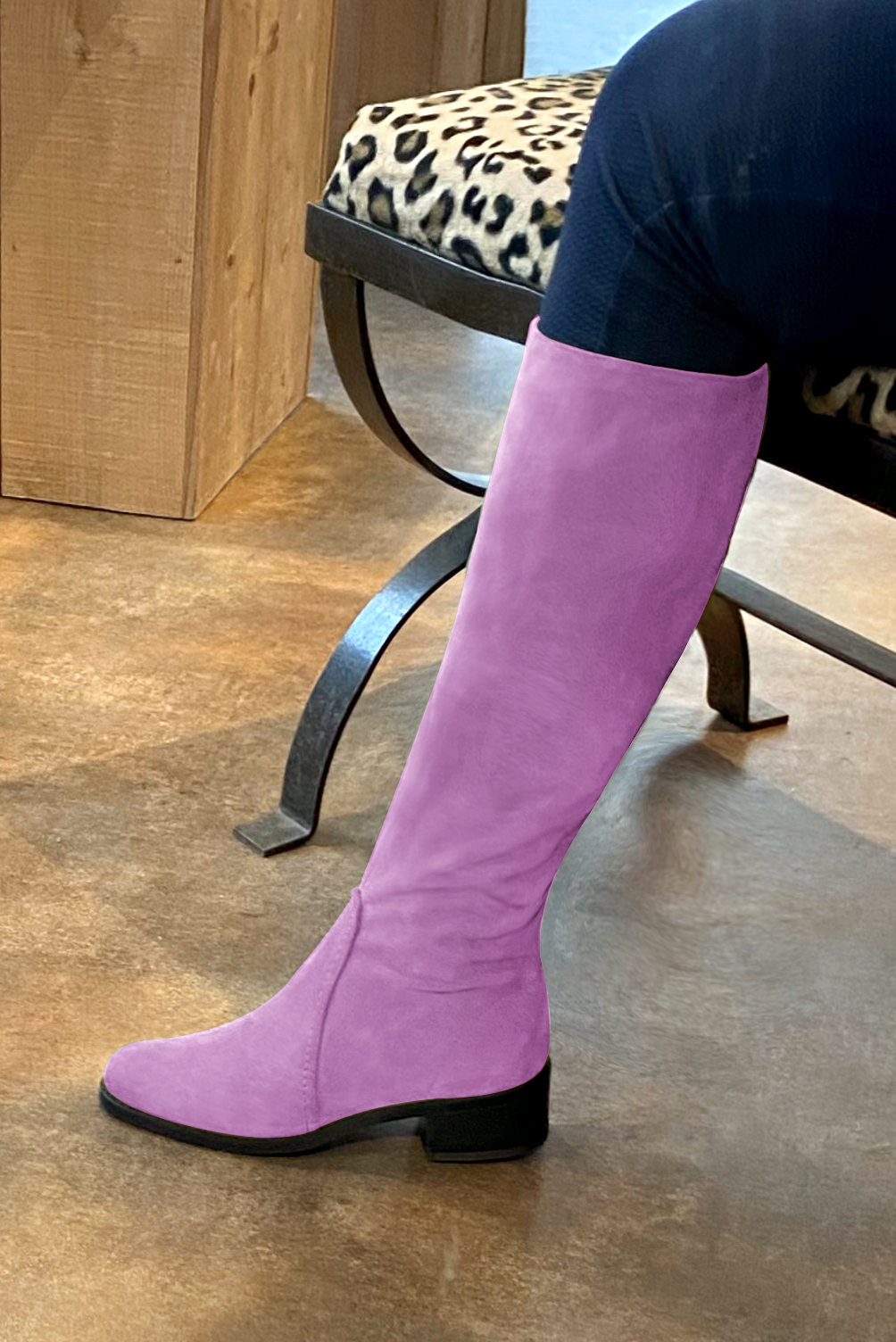 Mauve purple women's riding knee-high boots. Round toe. Low leather soles. Made to measure. Worn view - Florence KOOIJMAN